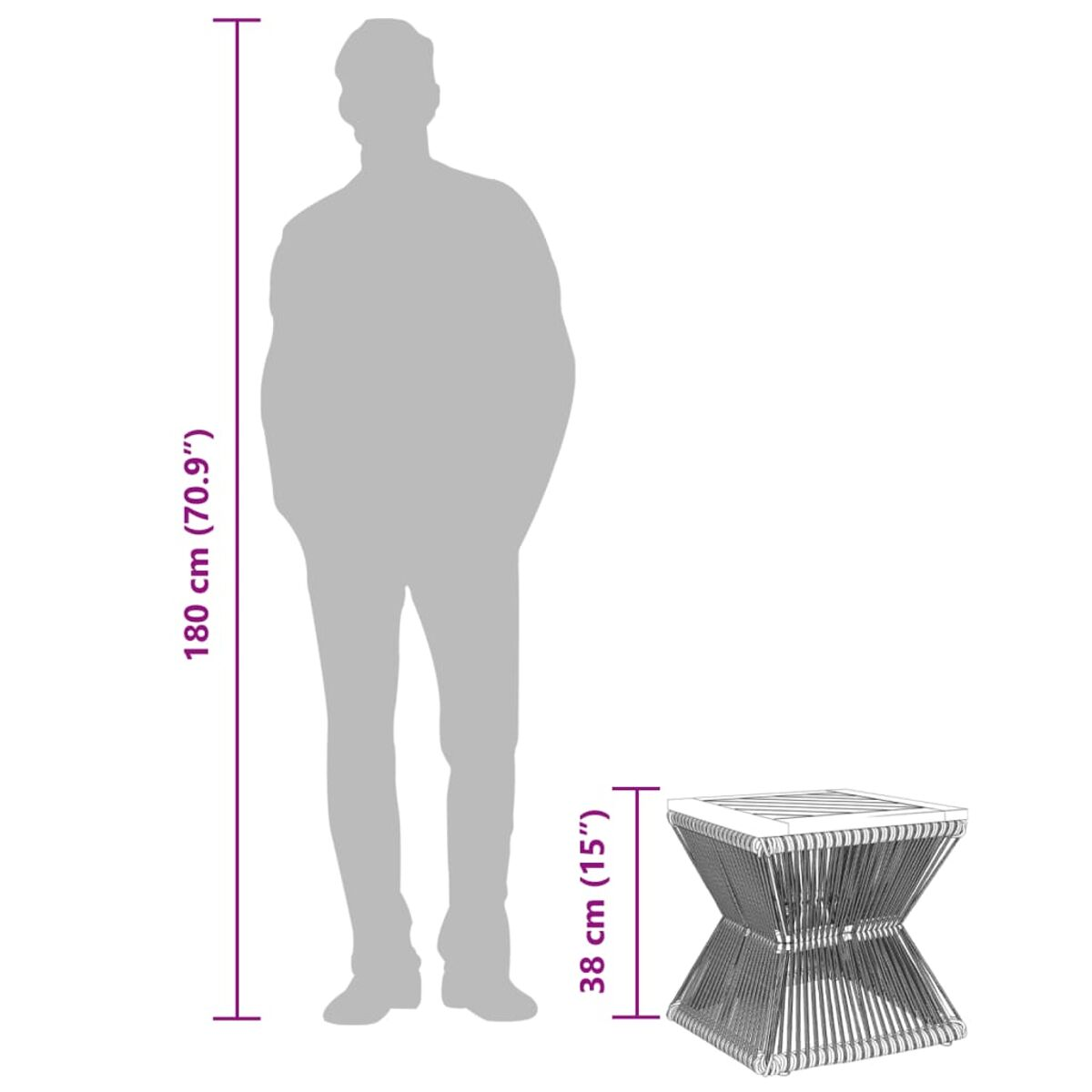 Silhouette einer Person neben einem kleinen Korbstuhl. Die Person steht neben dem Hocker.
