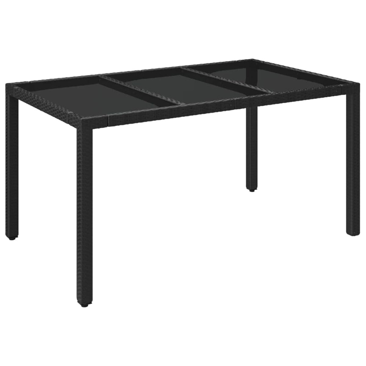 Ein schwarzer rechteckiger Outdoor-Tischrahmen mit schwarzen Beinen, die Oberseite besteht aus Glas.