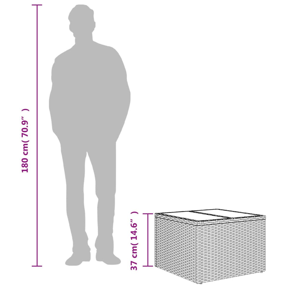 Una silhouette umana è accanto a una scatola portaoggetti in vimini. Le dimensioni sono indicate. Sono all'aperto.