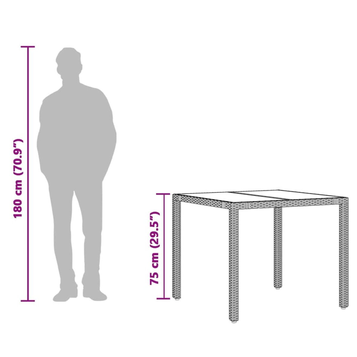Eine Person steht neben einem Tisch, mit angegebenen Abmessungen. Tisch hat helle Platte.