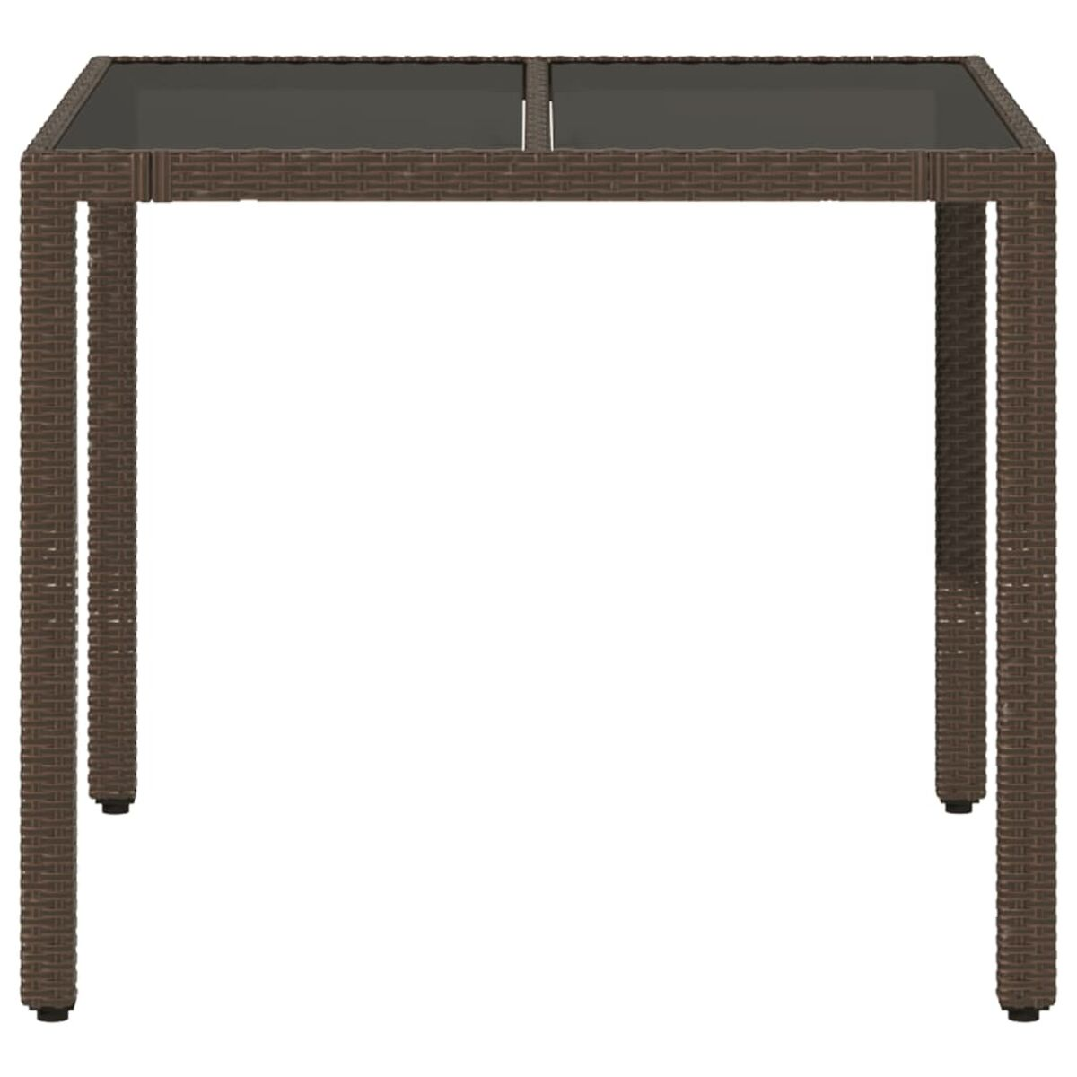 Brauner Korbtisch mit Glasplatte. Er hat vier Beine.