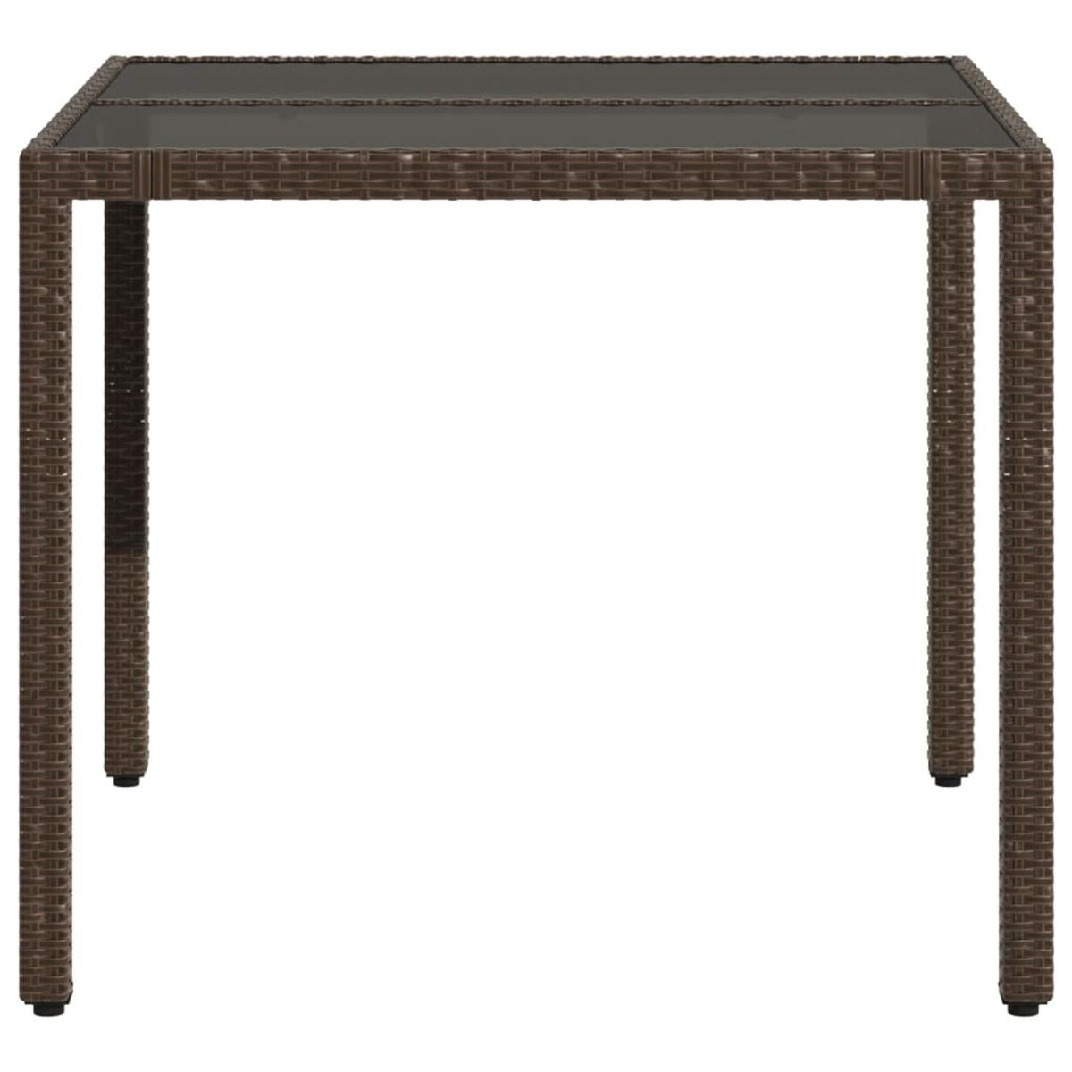 Brauner quadratischer Rattantisch. Glasplatte. Vier Beine. Weißer Hintergrund.
