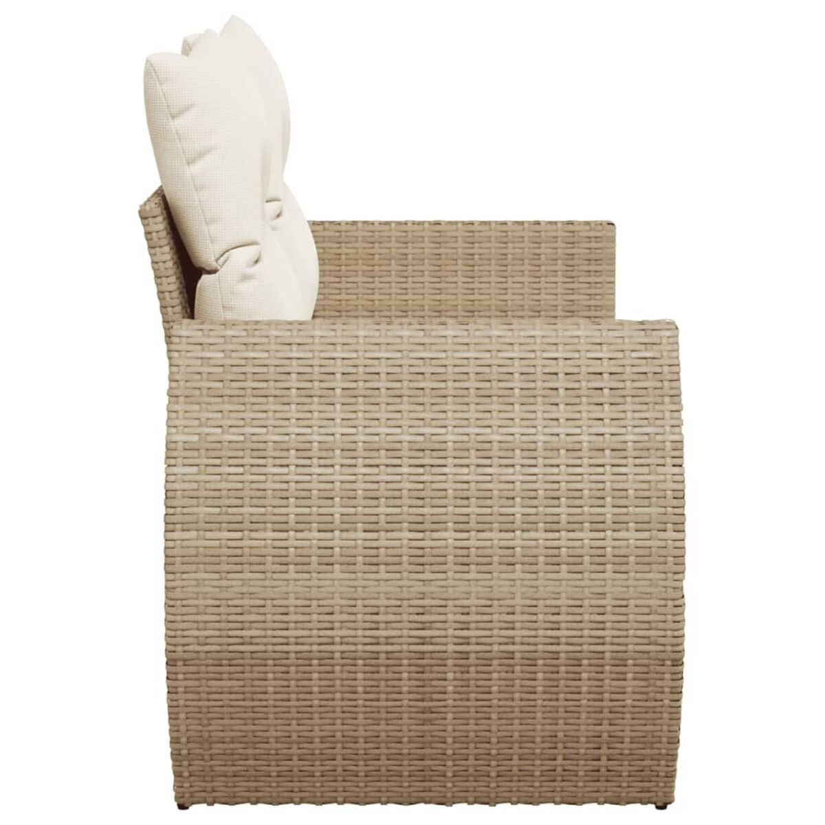 Seitenansicht eines Outdoor-Sofa-Stuhls, hellbraunes, gewebtes Material.