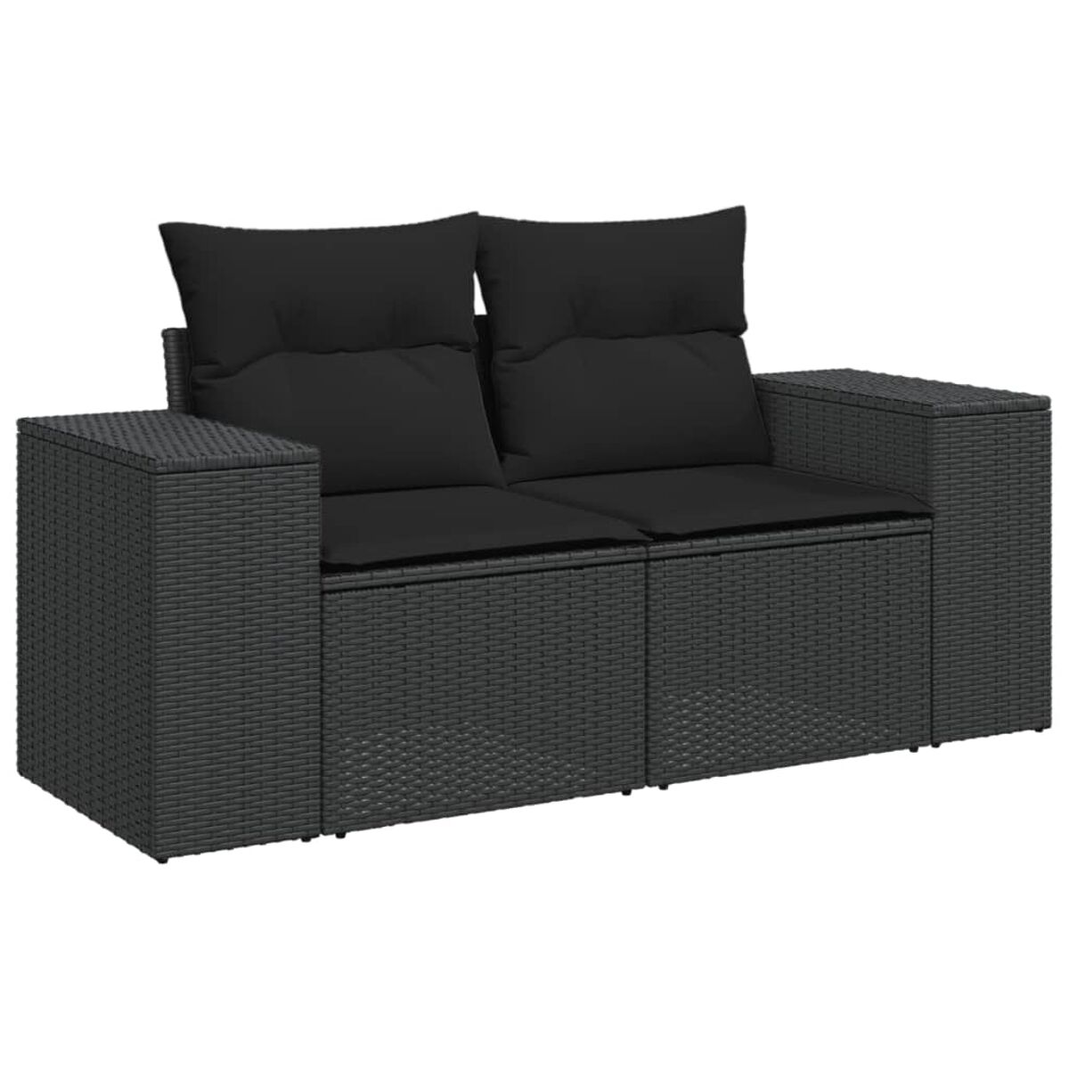 Ein schwarzes Zweisitzer-Sofa aus Korbgeflecht mit schwarzen Kissen.
