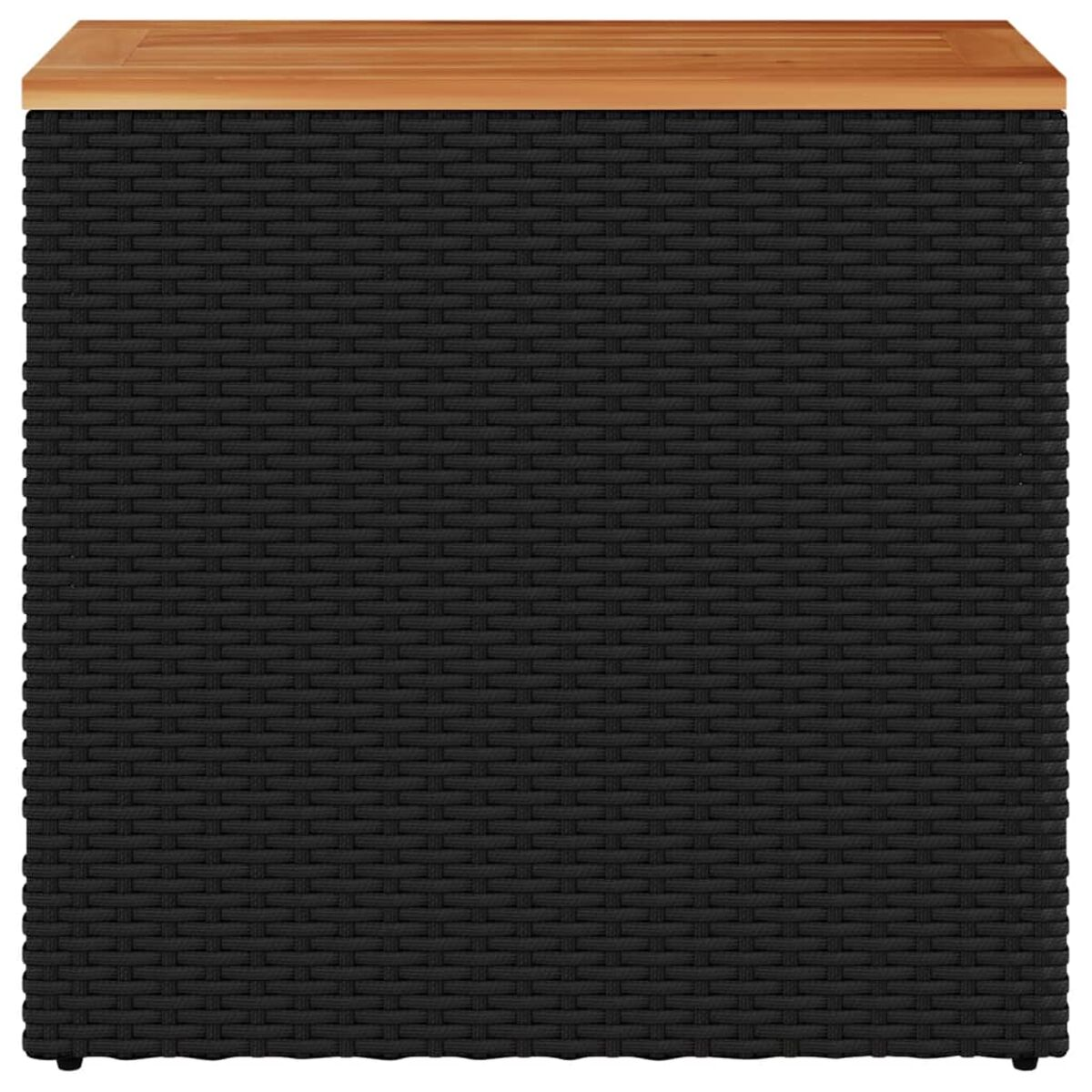 Schwarzer Korbstauschrank mit Holzplatte. Dunkel und quadratisch.