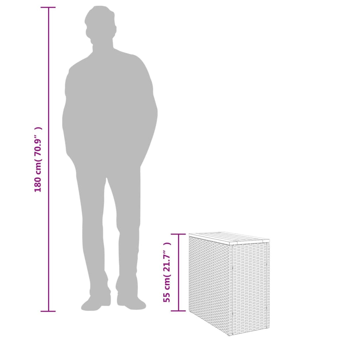 Silhouette einer Person, die neben einer gewebten Weidenkiste steht.
