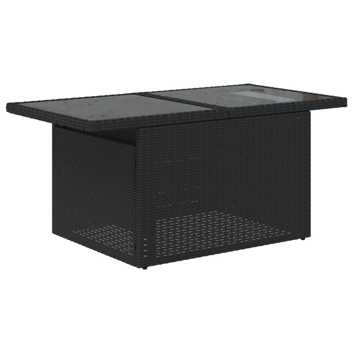 Un tavolo in vimini nero con piano in vetro.