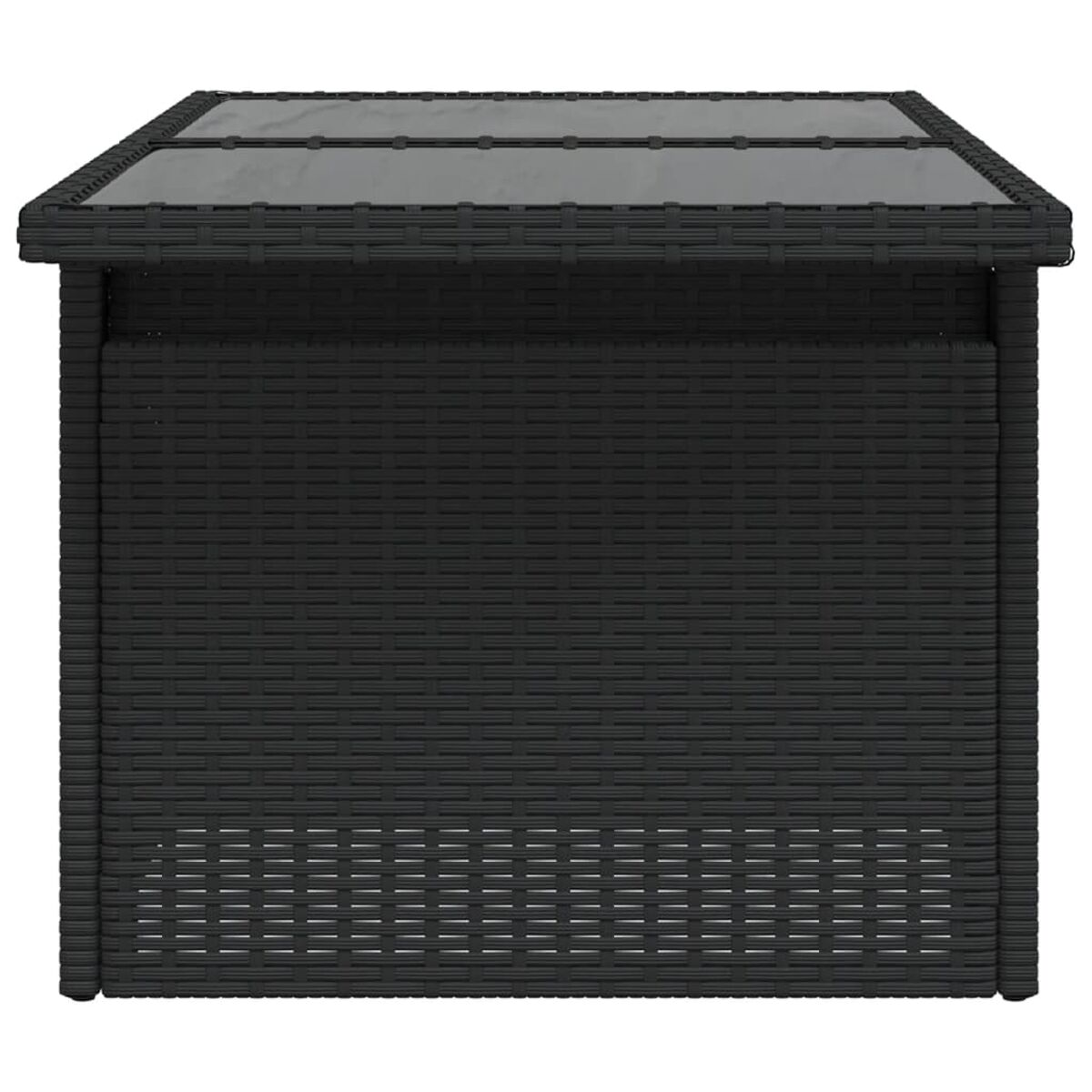 Schwarze Aufbewahrungsbox im Rattan-Stil mit Glasplatte. Sie hat eine quadratische Form.