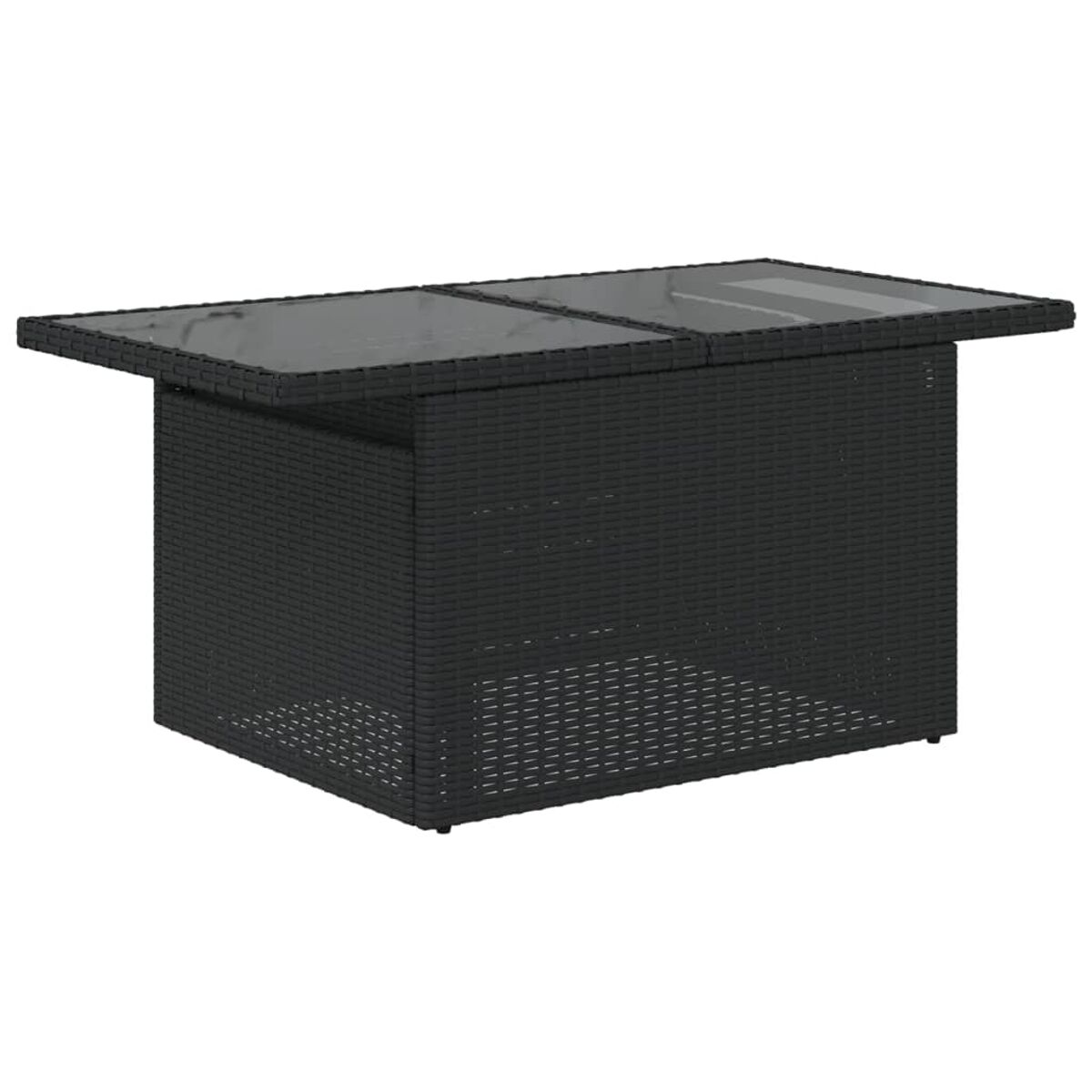 Ein schwarzer Korbtisch mit Glasplatte.