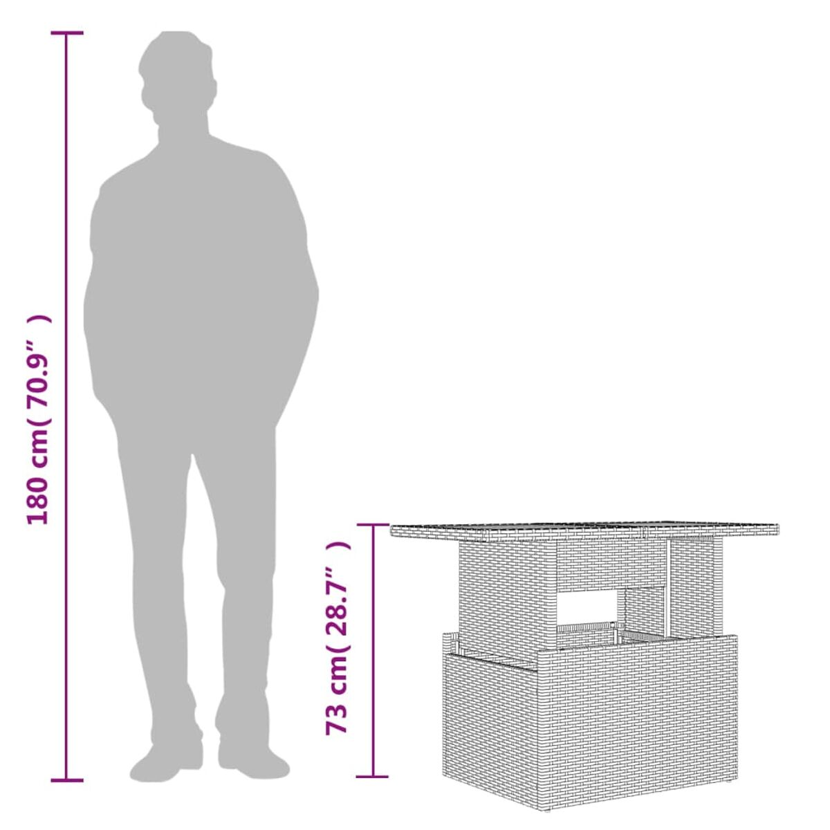 Eine menschliche Silhouette neben einer Ziegelstruktur mit Maßen in cm.