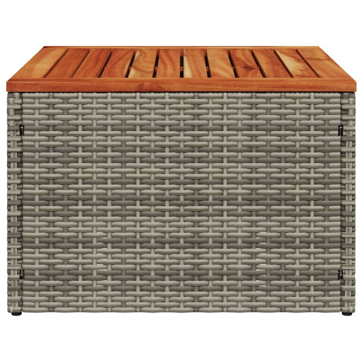 Eine graue, gewebte Aufbewahrungsbox mit Holzplatte.