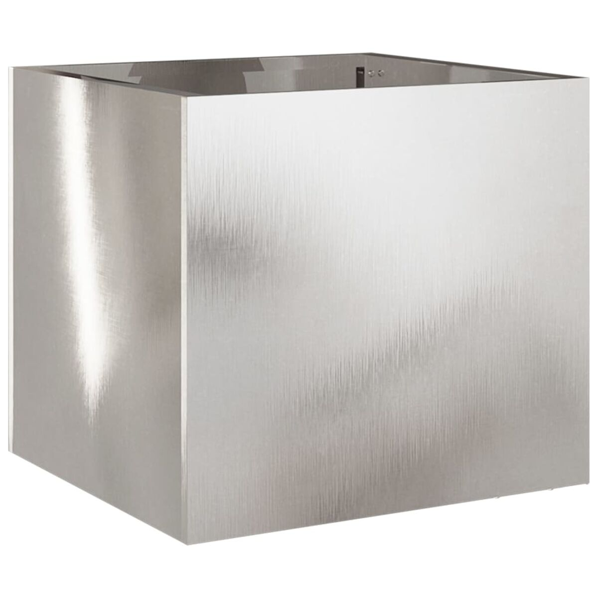 Silberner quadratischer Pflanzkübel, aus Metall. Er ist leer.