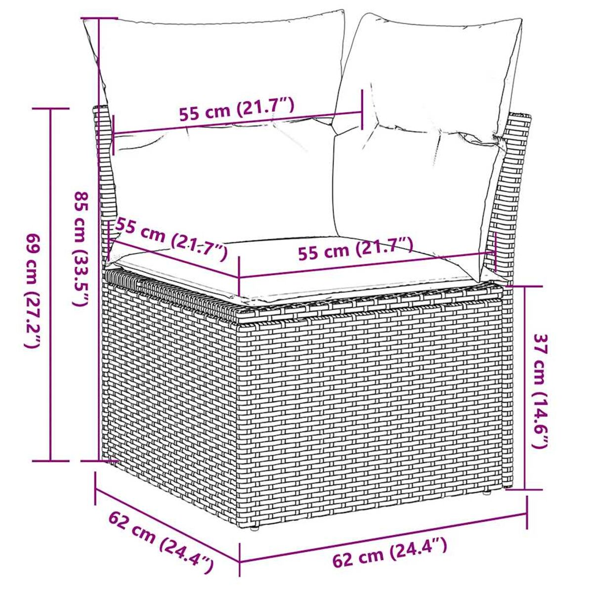 Dimensioni di una sedia in vimini con cuscino grigio.