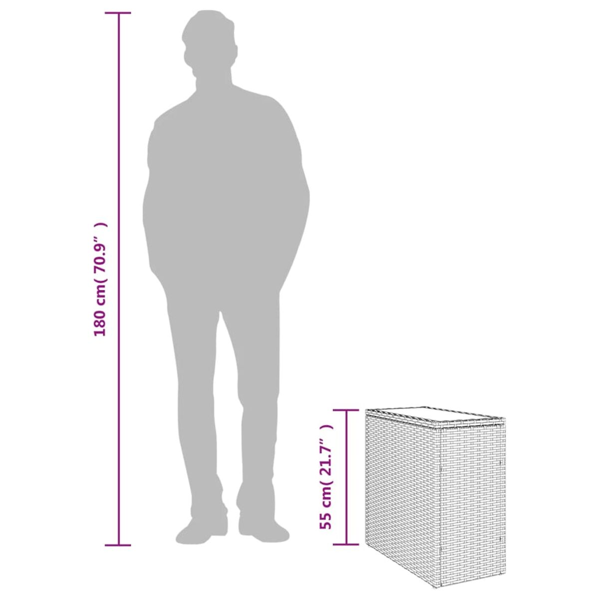 Diagramma che confronta l'altezza di una persona con l'altezza di un cubo intrecciato. Vengono mostrate le misure.