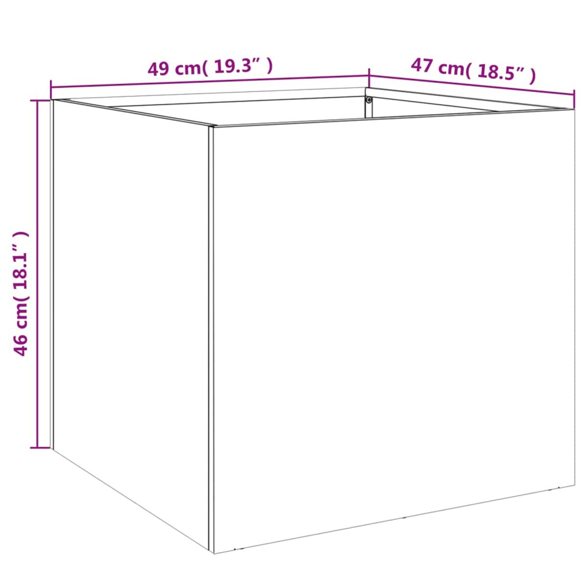 Eine weiße, quadratische Box mit in cm beschrifteten Abmessungen.