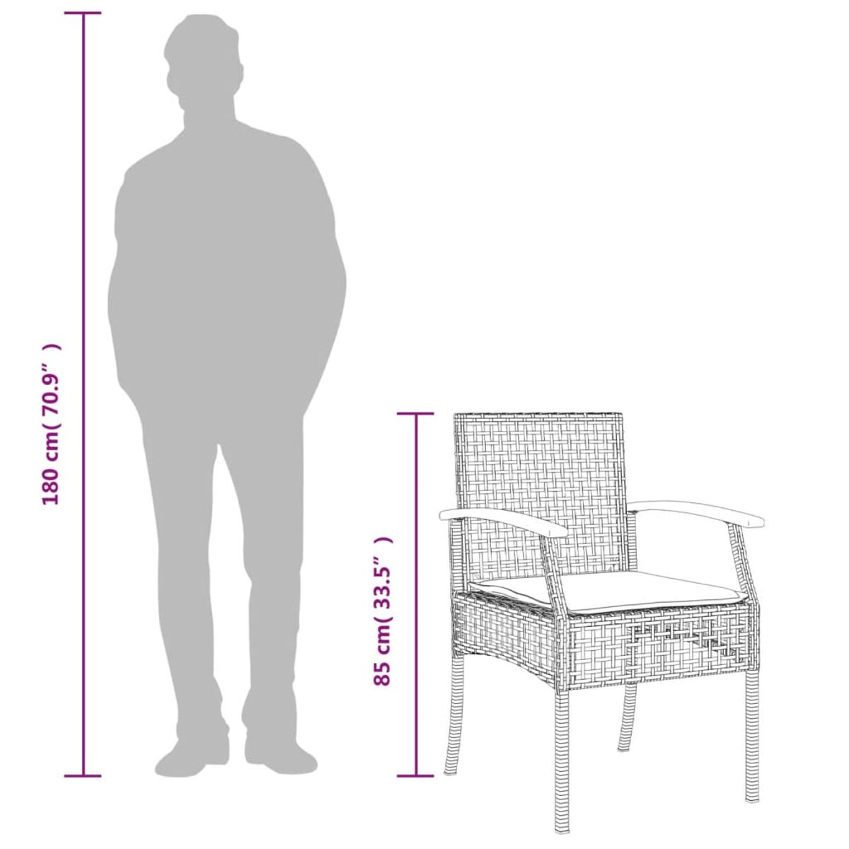 Die Silhouette einer Person neben einem Rattan-Stuhl, mit Höhenmessungen in Zentimetern zum Vergleich.