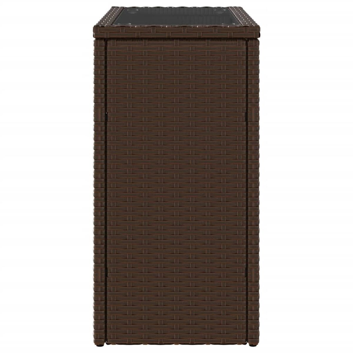Ein dunkelbrauner Korbstauschrank mit Glasplatte.