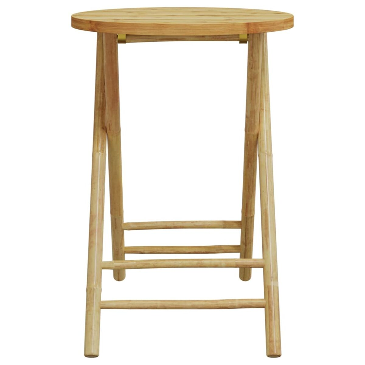 Hoher runder Holztisch mit drei Stützbeinen und runder Tischplatte.