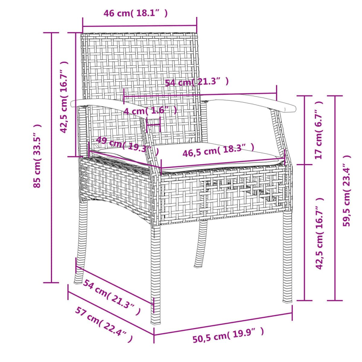 Diagramm eines Korbstuhls mit Maßangaben in Zentimetern und Zoll.