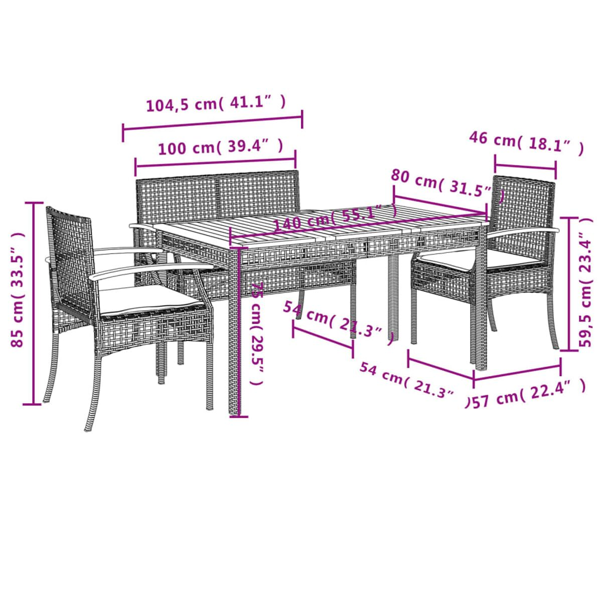 Ein Esszimmer-Set mit Tisch und Stühlen. Abmessungen sind im Bild beschriftet.