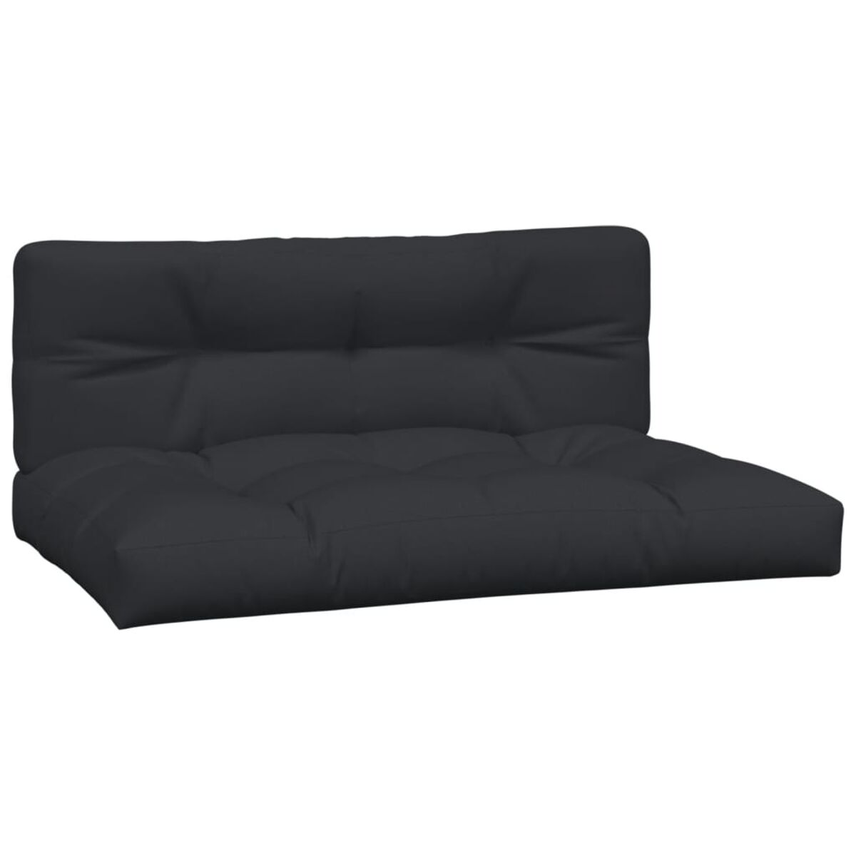 Ein einzelnes, dunkelgraues Kissen für ein Sofa. Es hat ein getuftetes Design.