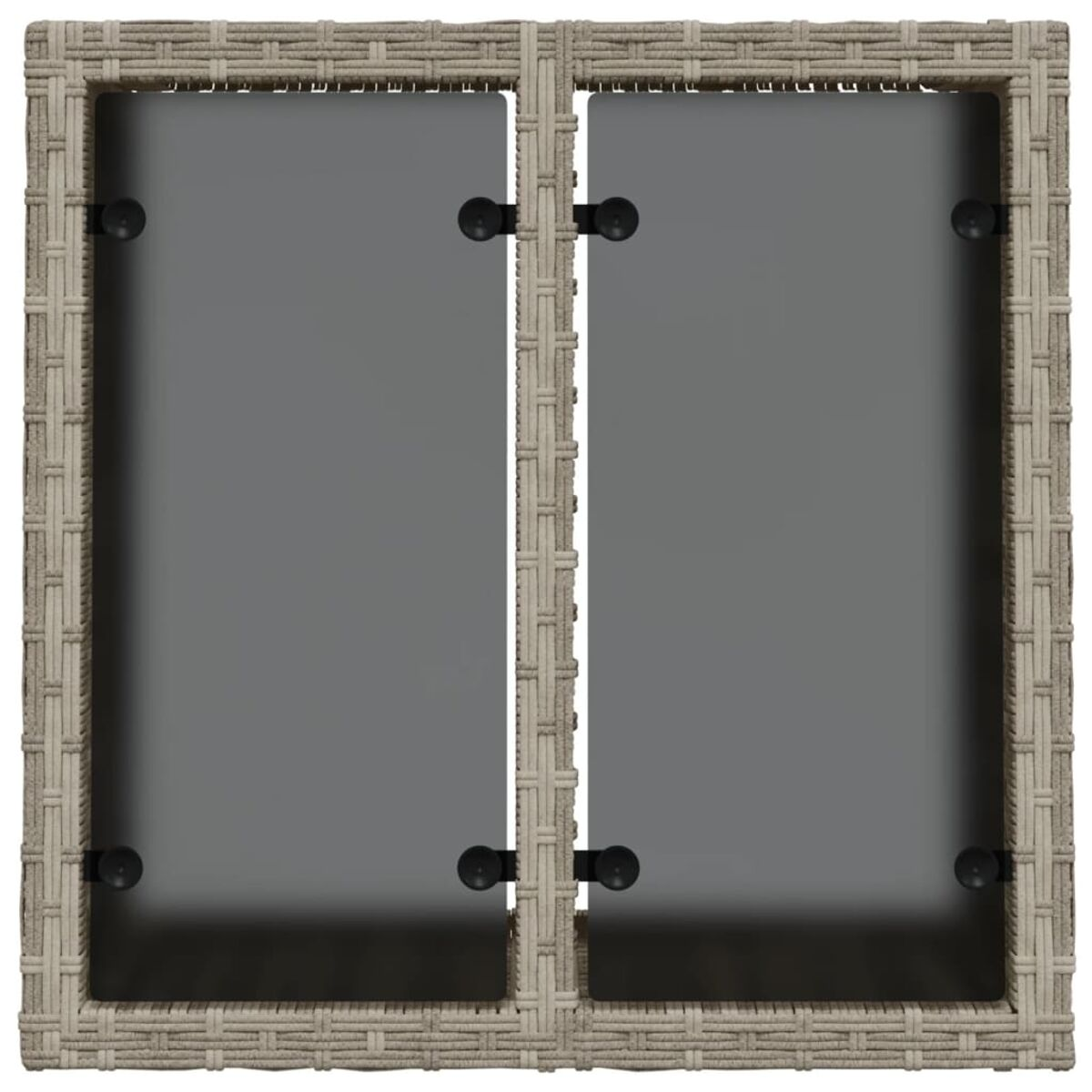 Zwei gewebte Paneele mit dunklem Glas. Jedes hat vier schwarze Verschlüsse. Beiges Gewebe an den Kanten.