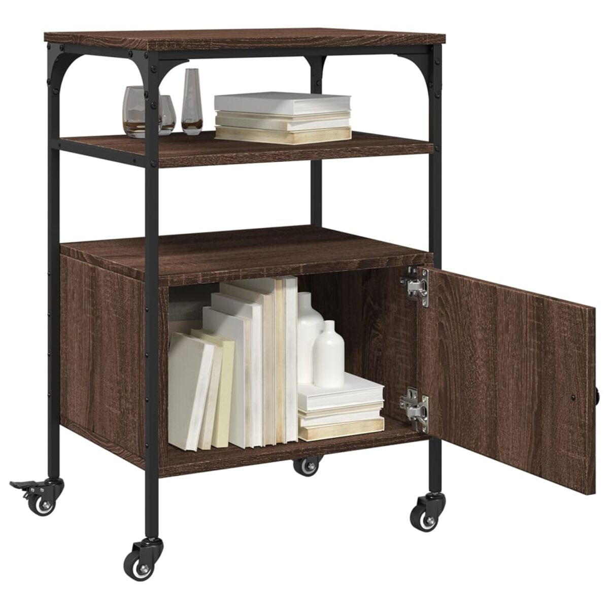 Rollwagen mit Regalen und Schrank. Bücher, Vasen und andere Gegenstände sind sichtbar.