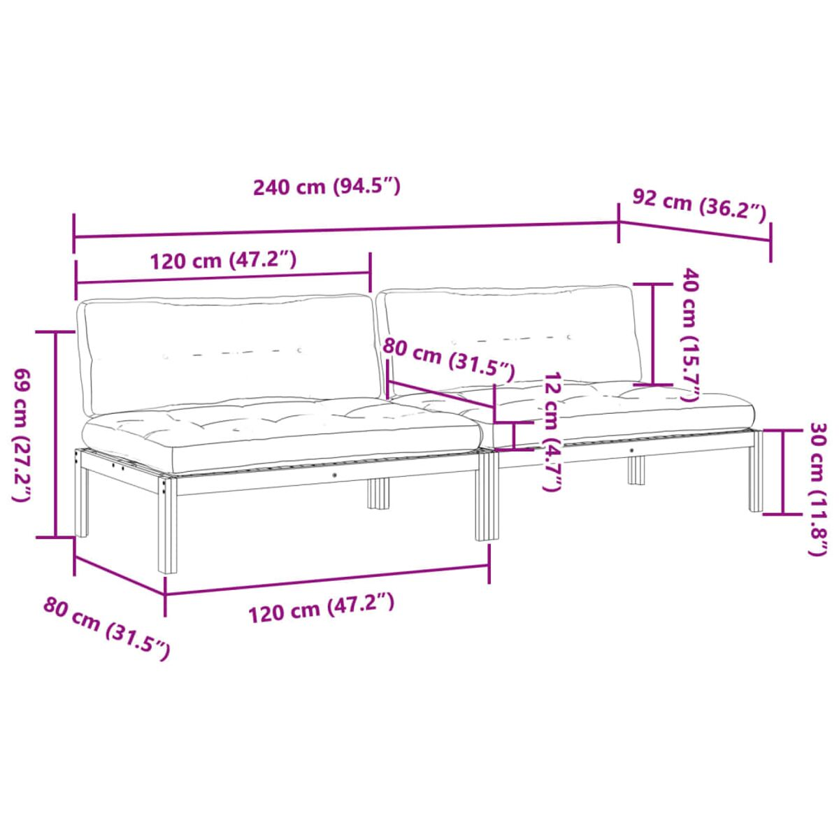 Eine Diagramm eines Sofas mit Maßen in cm und Zoll.