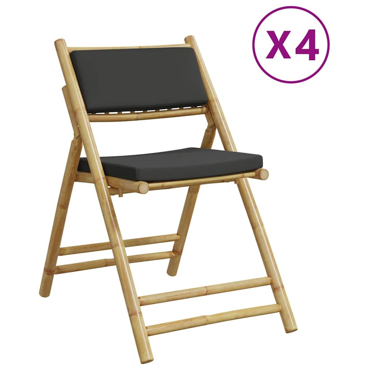 Vier Bambus-Klappstühle mit dunkelgrauen Kissen.
