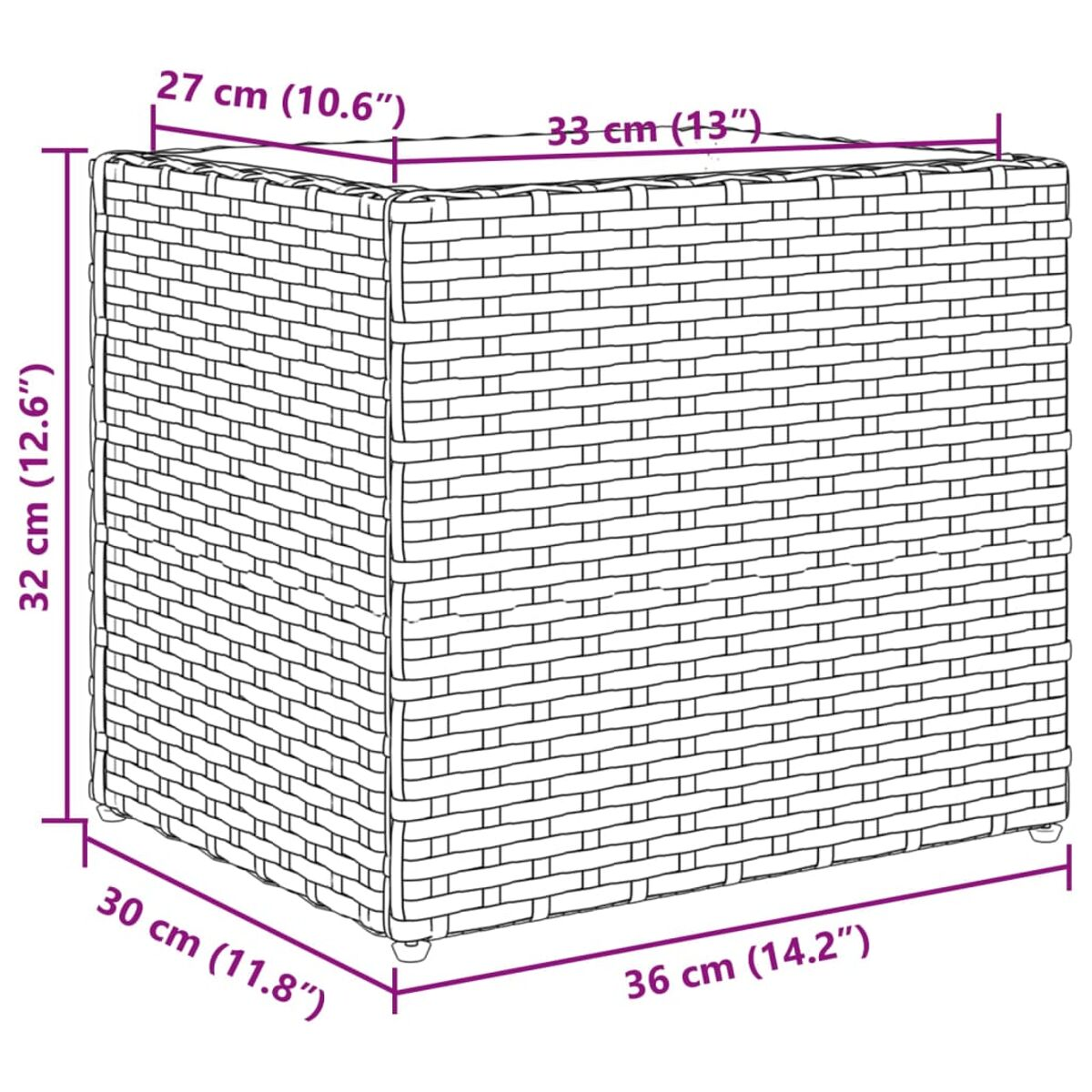 Vista isometrica di una struttura quadrata e tessuta con dimensioni espresse in cm e pollici.