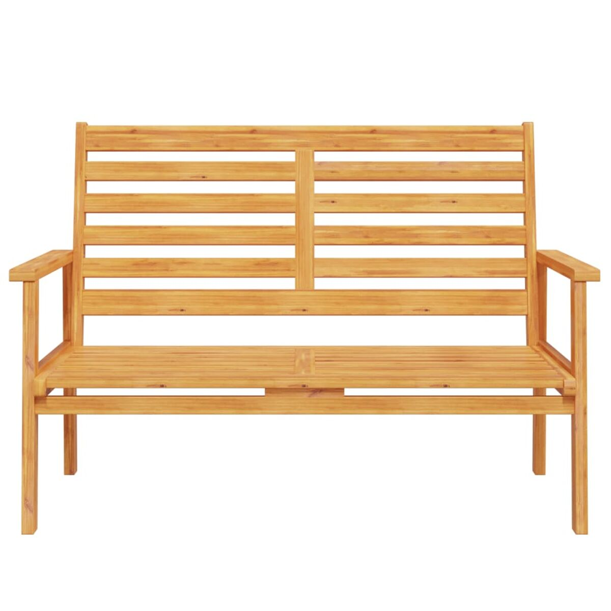 Holzbank mit horizontalen Lamellen auf Rücken und Sitzfläche.