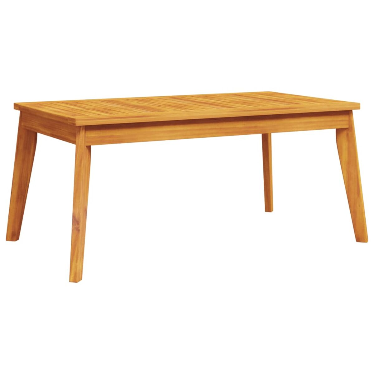 Rechteckiger Holztisch mit schrägen Beinen. Lamellen-Tischplatten-Design. Braune Farbe, schlichtes Design.