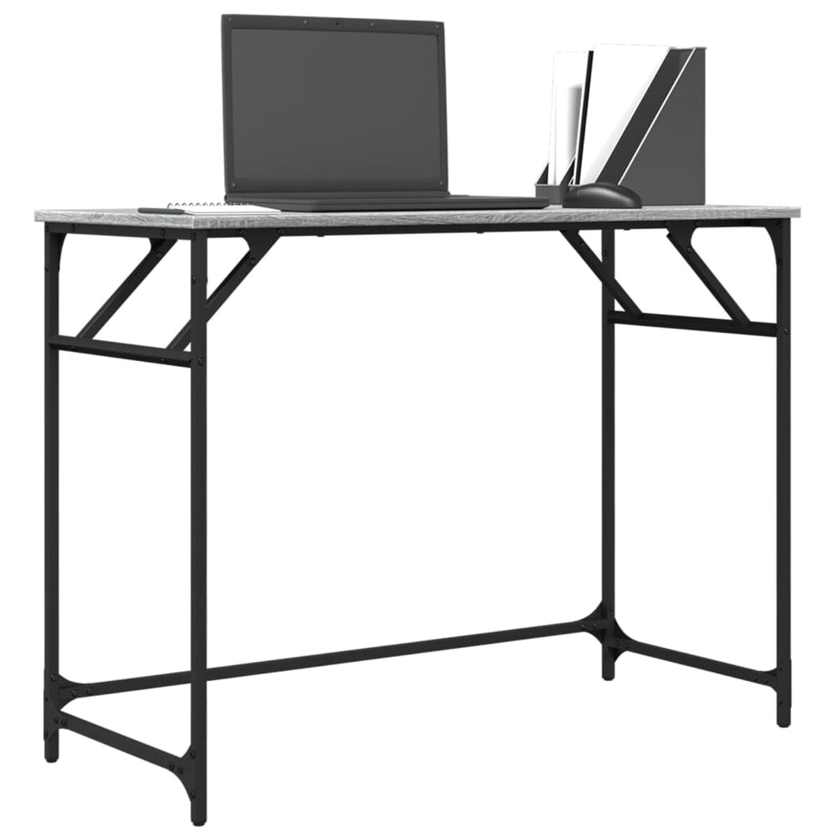 Schreibtisch mit schwarzem Rahmen, grauem Oberteil, Laptop, Maus und Aktenhalter.