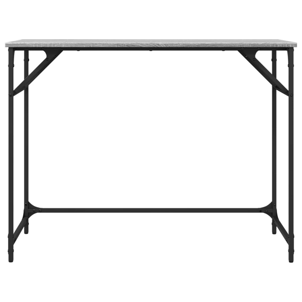 Ein schwarzer Metalltisch mit grauer Platte. Die Beine sind abgewinkelt und durch eine horizontale Stange verbunden.