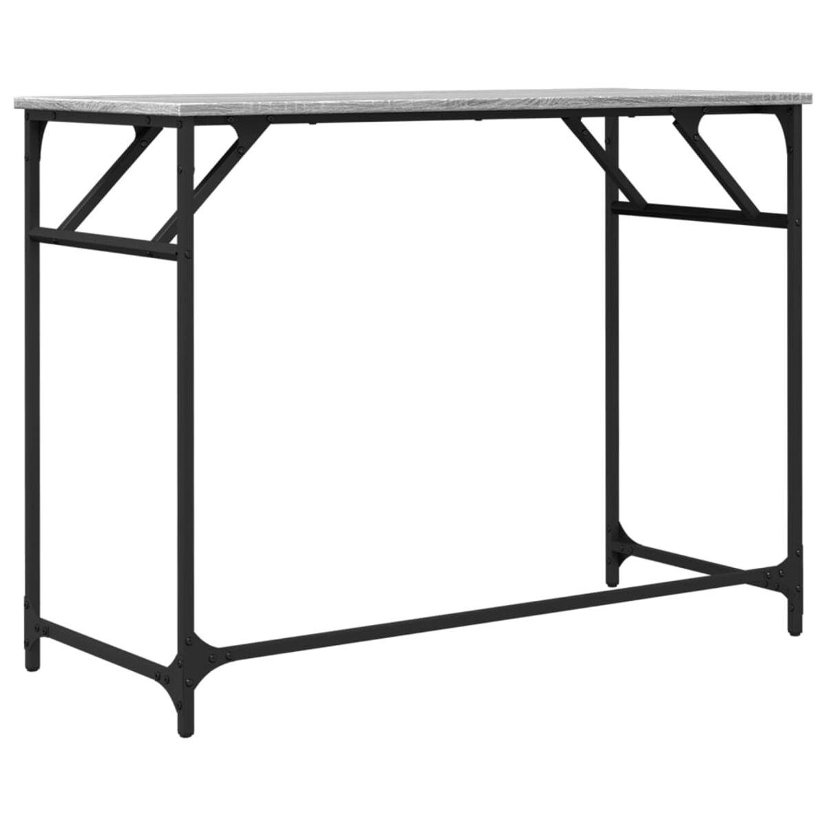 Schwarzer Metall-Bartisch für den Außenbereich mit grauer Holzplatte. Der Tisch ist leer.