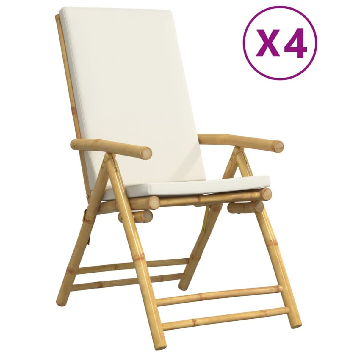 Vier Bambus-Outdoor-Stühle mit weißen Kissen. Sie sind zusammengeklappt. Kreis mit X4 rechts.