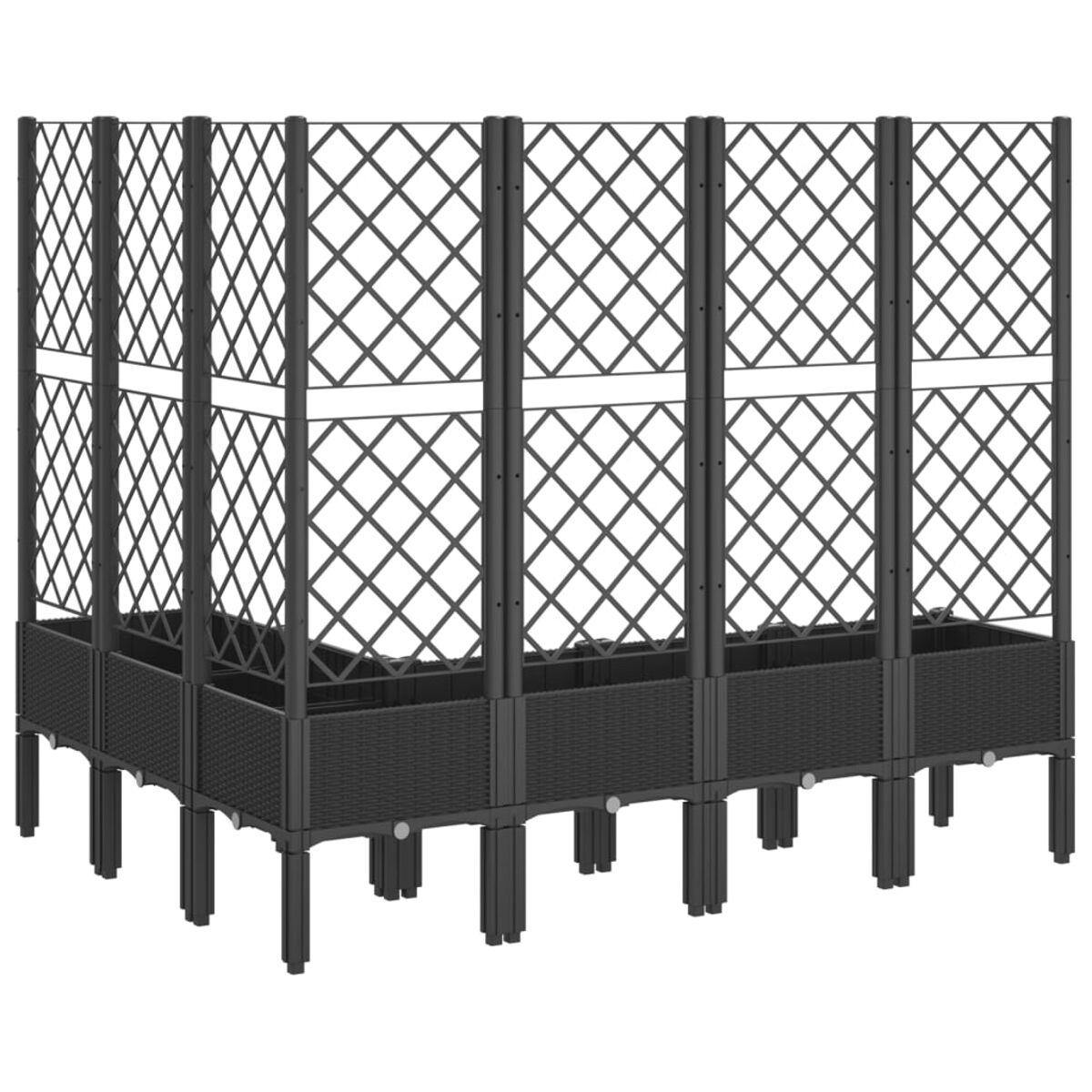 Schwarzes Hochbeet mit Spalierstruktur, ideal für Kletterpflanzen und Weinreben.