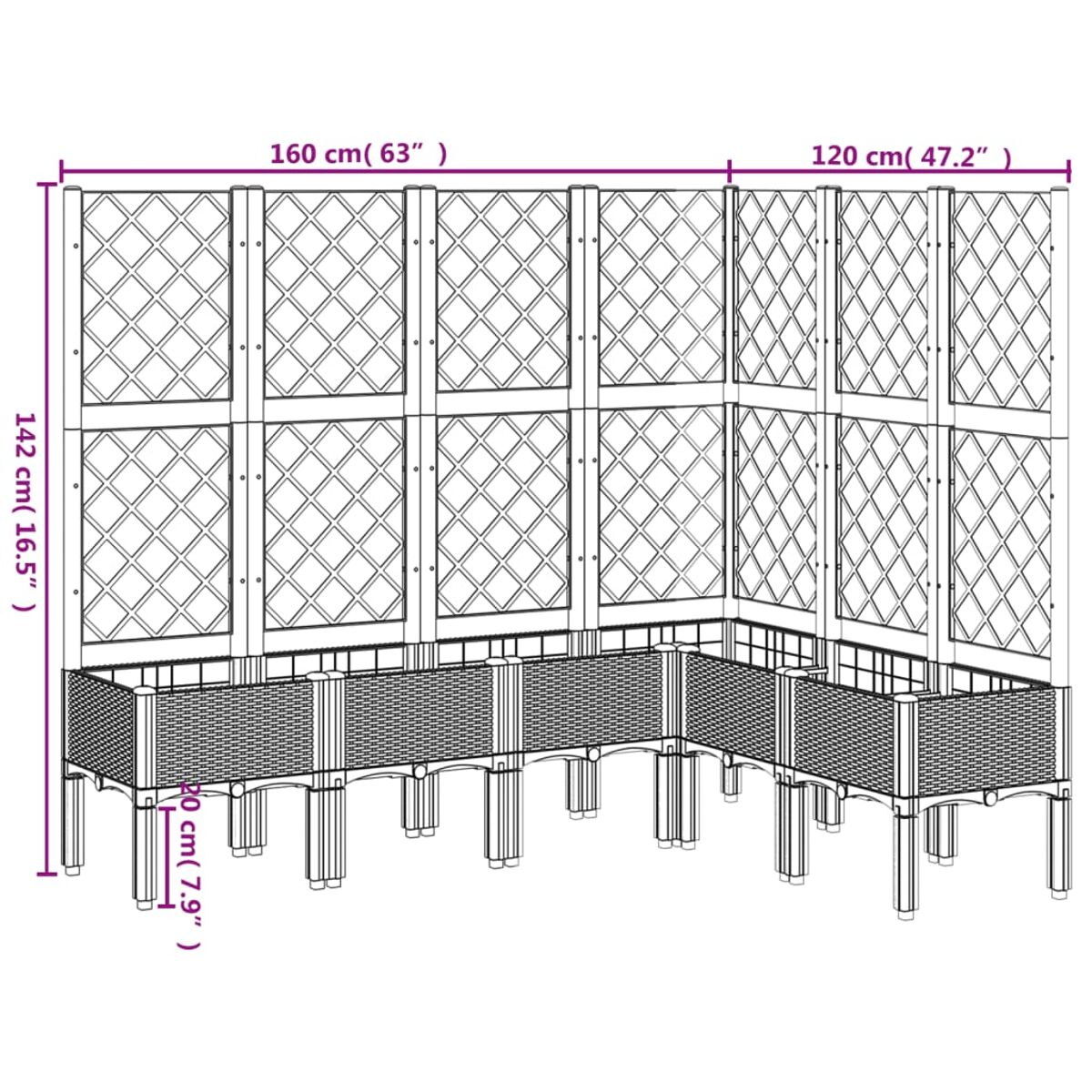 Ein großer Pflanzer mit den Maßen: 160 cm x 142 cm, mit Gitterdesign und gewebter Basis.