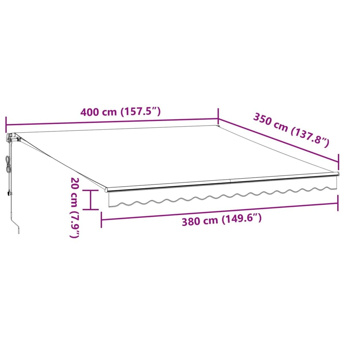 Diagramm mit Abmessungen für eine Markise, in cm und Zoll.