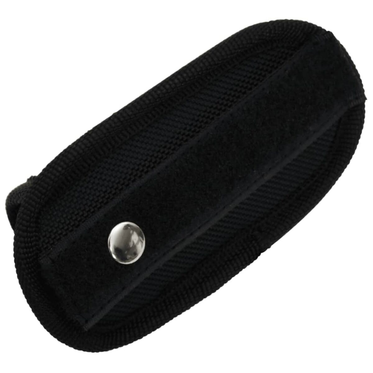Schwarze Nylonholster mit Klettverschluss und silbernem Knopf. Es ist für eine Pistole oder ähnliches Objekt.