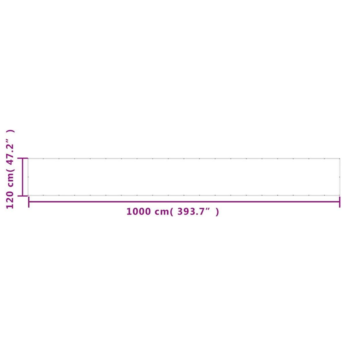 Weißes Paneel mit schwarzen Maßen. 120 cm hoch, 1000 cm lang.