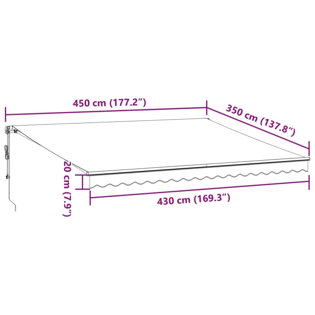 Markisen-Abmessungsdiagramm. Die Markise ist braun. Das Diagramm zeigt Längen-, Breiten- und Höhenmessungen.