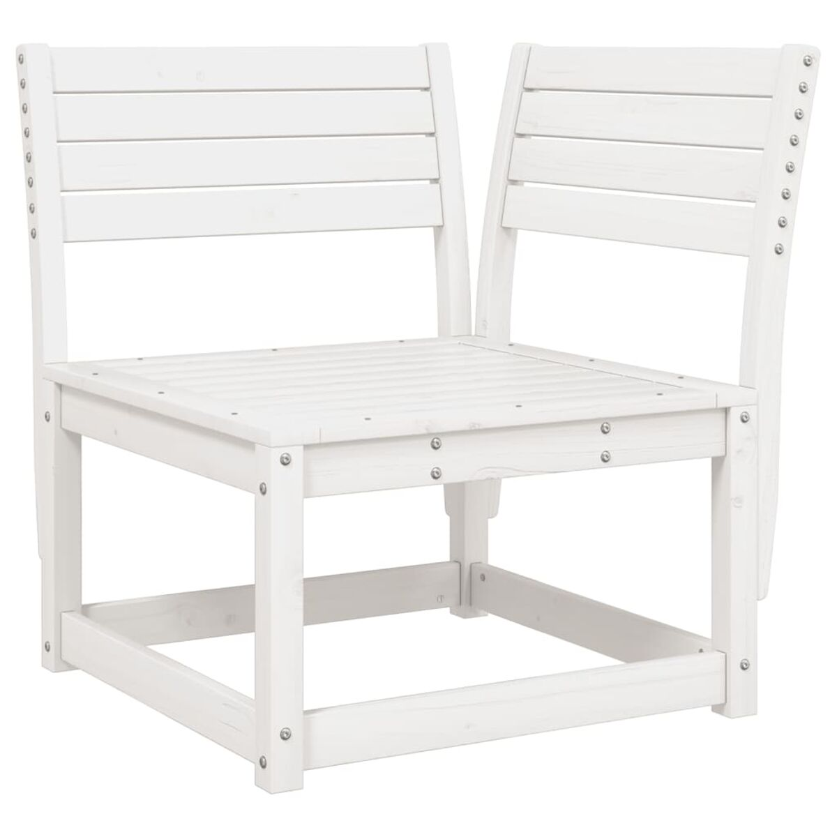 Zwei weiße Holzstühle mit Lattenlehnen, quadratischen Sitzen und quadratischer Basis.