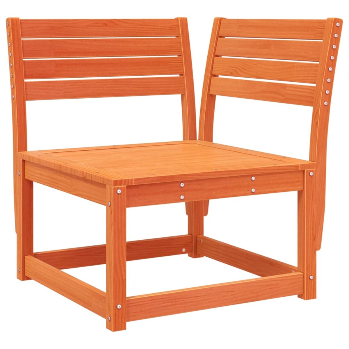 Zwei orangefarbene Holzstühle. Die Stühle sind miteinander verbunden.