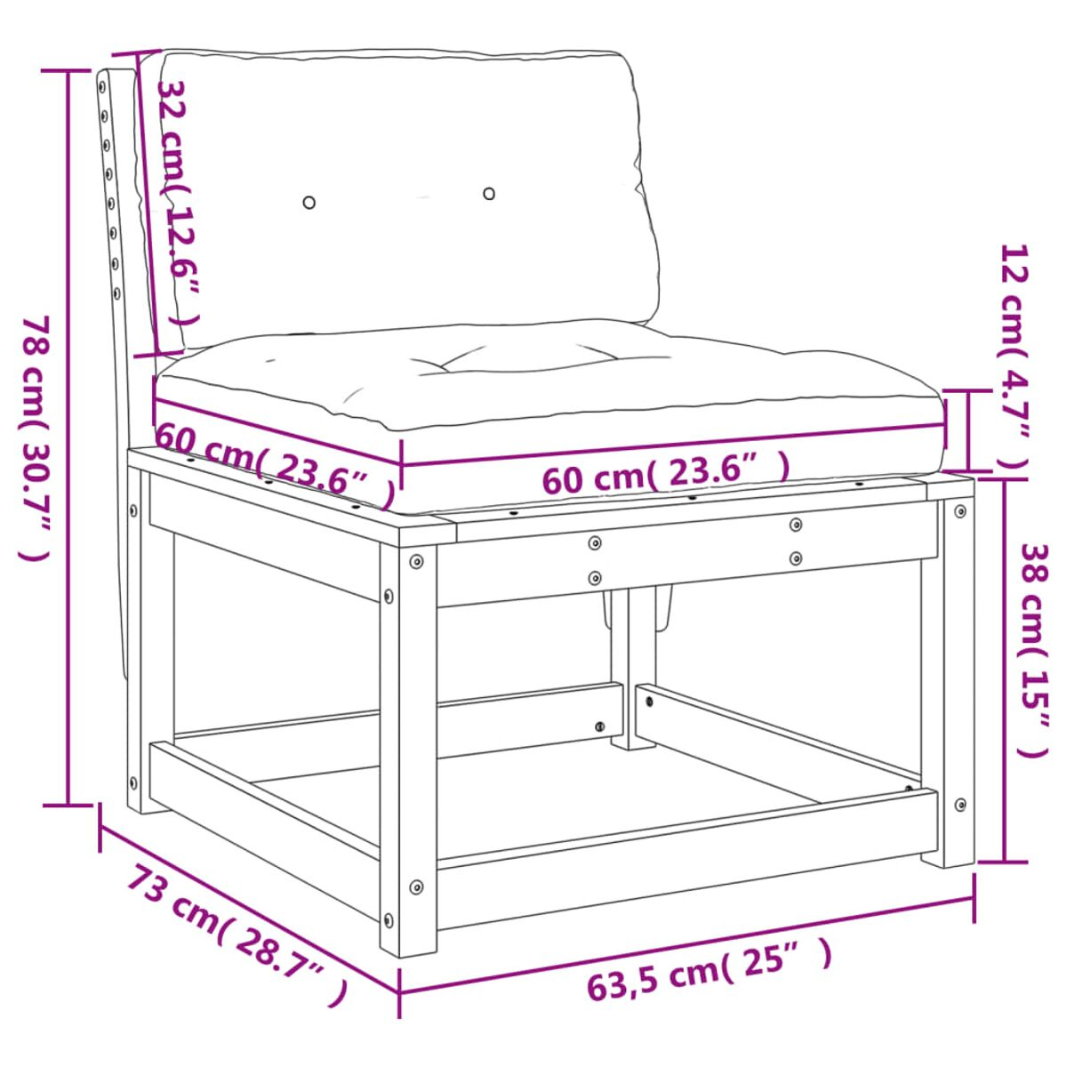 Holzstuhl mit beschrifteten Abmessungen: 78 cm hoch, 60 cm breit, 73 cm tief.