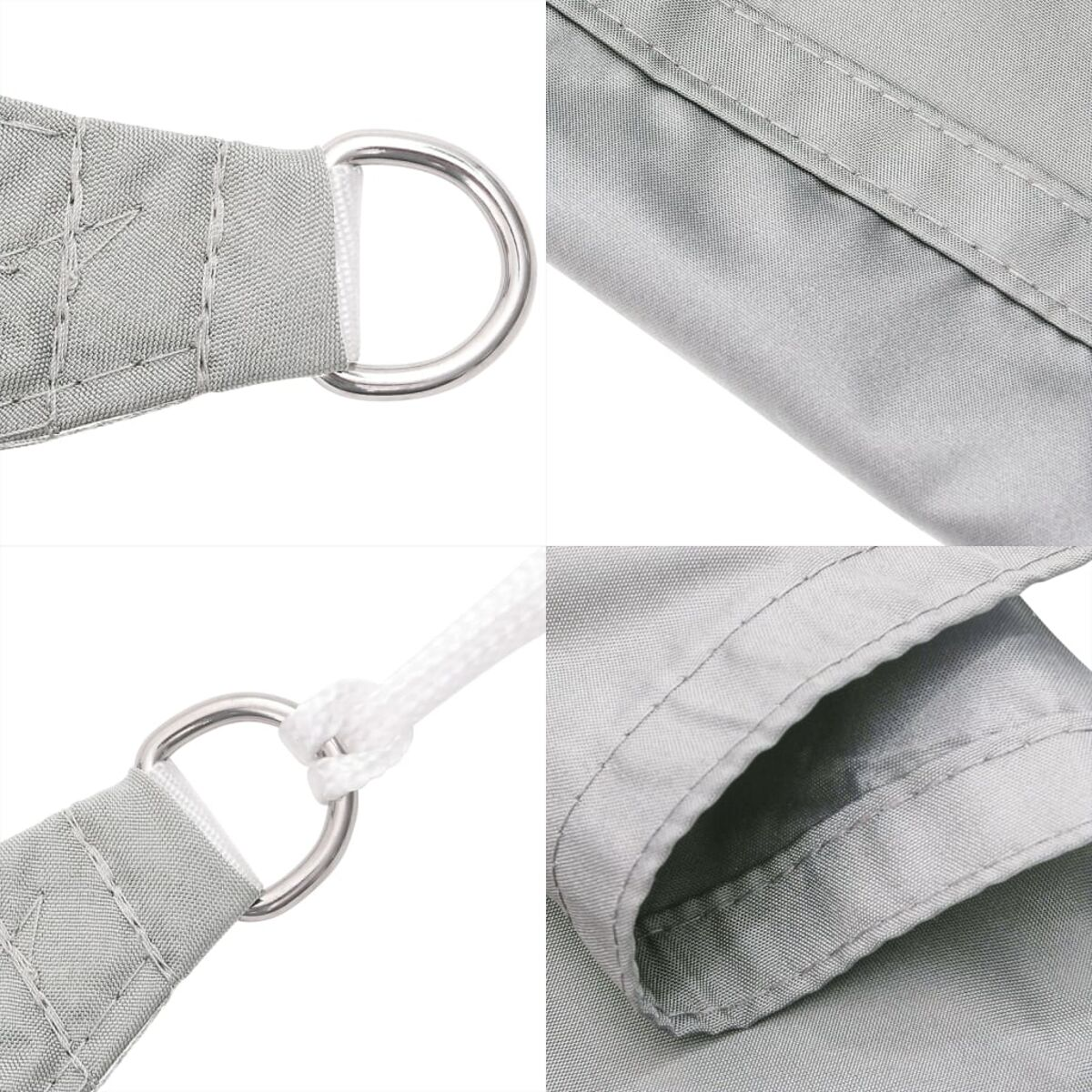 Nahaufnahme von hellgrauen Stoffdetails: ein D-Ring, Nähte und die Textur des Materials.