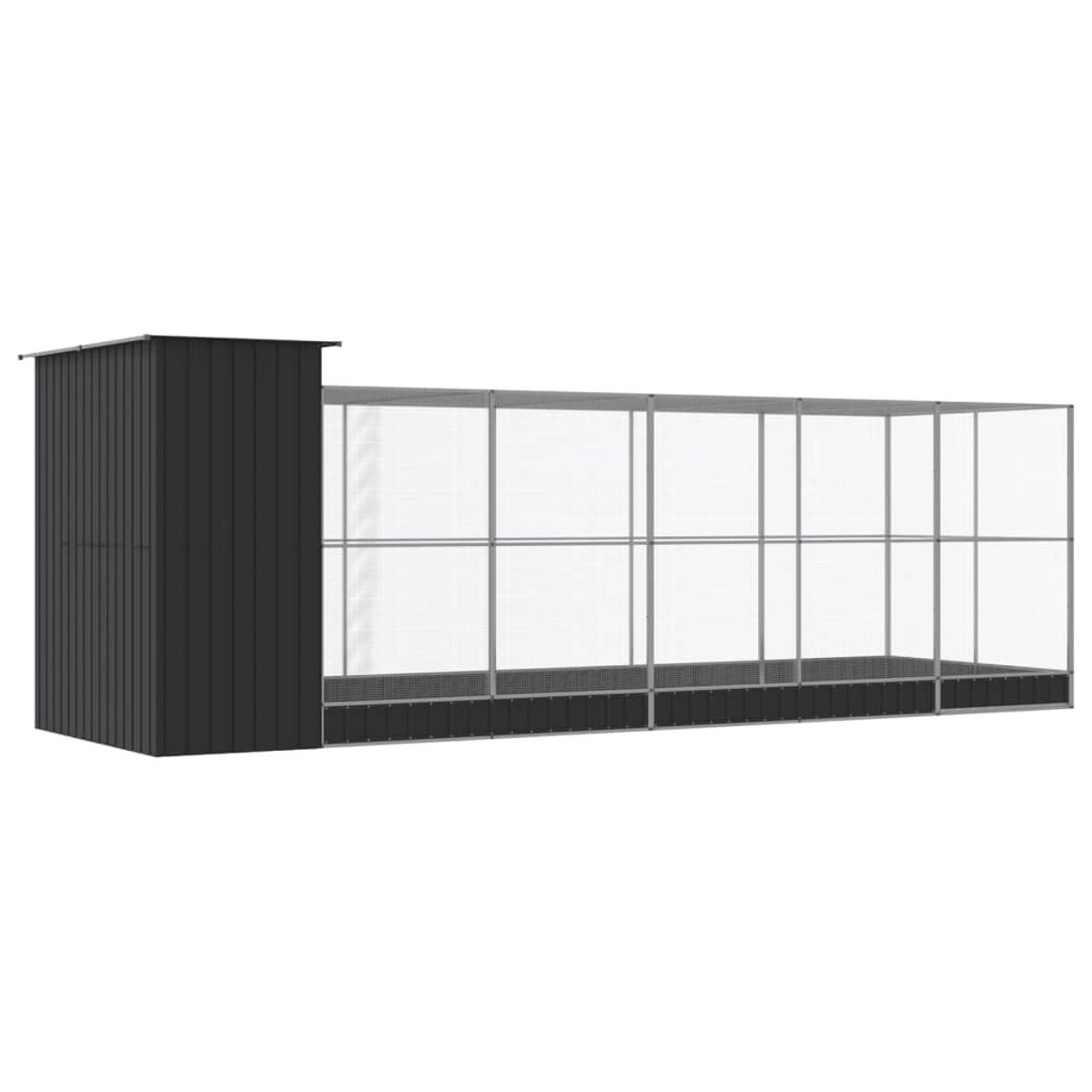 Großes, schwarzes Gewächshaus mit angebautem Schuppen. Transparente Paneele und Metallrahmen.