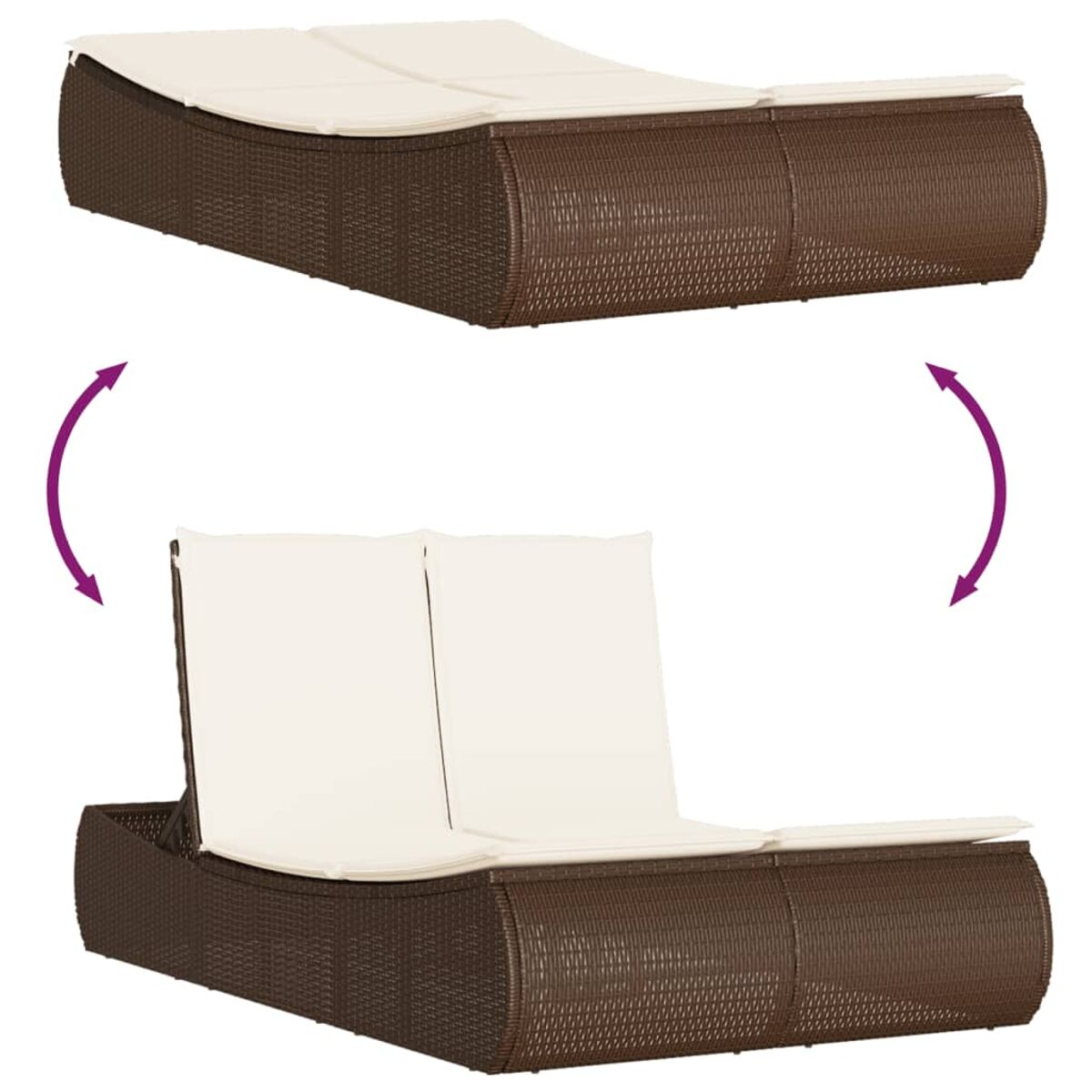 Due chaise longue marroni e bianche. Le frecce mostrano che le chaise longue possono essere invertite.