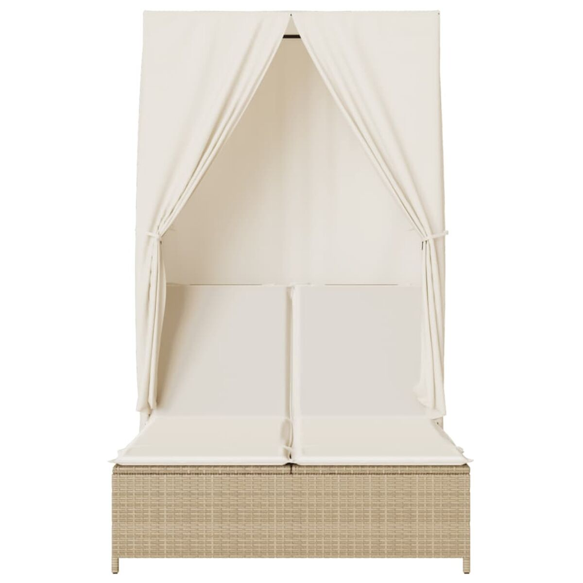 Lettino con baldacchino, tessuto crema, base intrecciata.