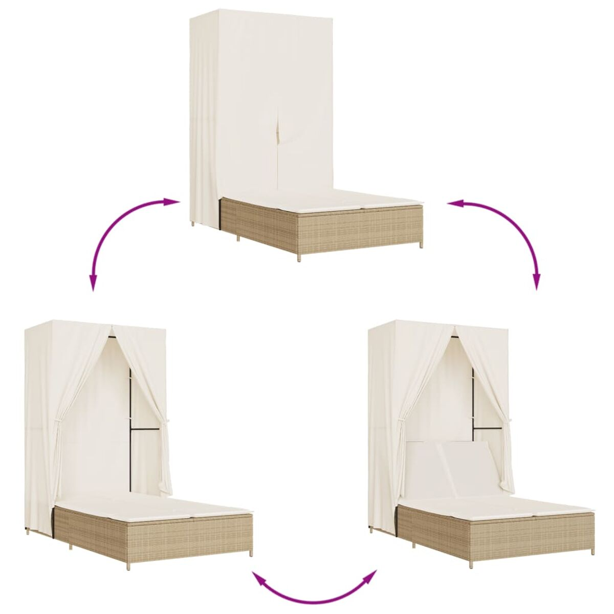Una chaise longue color crema con tende. Tre immagini che mostrano diverse configurazioni.